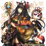  agent_7 ahoge akitani_kou animal_ears bell brown_hair butterfly flower flower_on_head hair_ornament japanese_clothes jingle_bell long_hair looking_at_viewer obi sash staff tail thigh-highs very_long_hair yellow_eyes zettai_ryouiki 