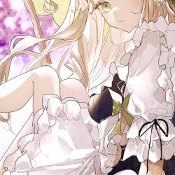  1girl alternate_eye_color apron black_ribbon black_vest blonde_hair blush bow breasts broom closed_mouth commentary_request green_bow green_eyes hair_bow kirisame_marisa long_hair looking_at_viewer majamari medium_breasts ribbon sleeve_ribbon solo touhou vest white_apron 