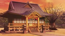  absurdres architecture artist_request bare_tree bell box clouds donation_box east_asian_architecture forest game_asset hakurei_shrine highres jingle_bell kouhaku_nawa nature no_humans orange_sky outdoors rope scenery shide shimenawa shrine sky stairs stone_lantern third-party_source tomoe_(symbol) touhou touhou_spell_carnival tree twilight 