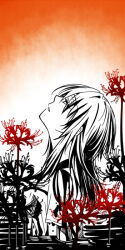  1girl aglio arm_at_side clothing_cutout commentary_request fatal_frame fatal_frame:_maiden_of_black_water flower from_side gradient_background greyscale_with_colored_background half-closed_eyes head_back kozukata_yuuri long_hair looking_ahead looking_up parted_lips partially_submerged profile red_background red_flower short_sleeves shoulder_cutout solo spider_lily spot_color two-tone_background upper_body water white_background 