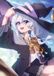 1girl bare_shoulders black_hat black_robe black_shoes black_skirt blue_eyes bow braid broom broom_riding collared_shirt commentary_request elaina_(majo_no_tabitabi) erde_0 hair_between_eyes hair_bow hat highres holding long_hair long_sleeves looking_at_viewer majo_no_tabitabi neck_ribbon off_shoulder open_clothes open_mouth open_robe pink_bow pink_ribbon pleated_skirt ribbon riding robe shirt shoes side_braid sign single_braid single_off_shoulder skirt sleeveless sleeveless_shirt smile solo teeth white_hair white_shirt witch witch_hat yellow_ribbon 