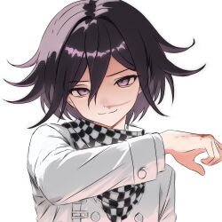  1boy aegyo_sal arm_up bandana bandana_around_neck blood blood_on_face blood_on_hand buttons checkered_bandana checkered_clothes checkered_scarf clown77k commentary danganronpa_(series) danganronpa_v3:_killing_harmony flipped_hair hair_between_eyes highres implied_after_fight jacket long_sleeves looking_at_viewer male_focus nose_shade oma_kokichi pale_skin purple_hair scarf short_hair simple_background sleeves_rolled_up smug straight-on two-tone_bandana two-tone_scarf upper_body v-shaped_eyebrows violet_eyes white_background white_jacket wiping_blood 