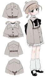  1girl absurdres backpack bag beret black_bag black_shoes brown_eyes brown_hair closed_mouth coat collared_coat commentary_request expressionless frogsnake full_body grey_coat grey_hat hat highres horizontal_pupils long_sleeves looking_at_viewer low_twintails multiple_views original rika-chan_(frogsnake) shoes short_hair simple_background socks standing twintails white_background white_socks 