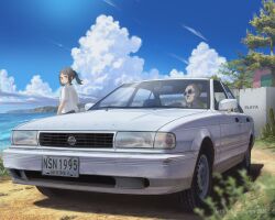  2girls artist_name black_hair blue_sky car clouds day grey_hair highres jettoburikku license_plate mexico motor_vehicle multiple_girls nissan nissan_sunny old old_woman original outdoors ponytail shadow sky steering_wheel summer vehicle_focus watermark white_car 