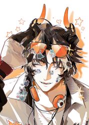  1boy ^_^ arknights bandaid bandaid_on_face bishounen black_hair chongyue_(arknights) closed_eyes commentary_request dragon_bean_(arknights) dragon_boy dragon_horns drop_shadow dusk_(arknights) eastern_dragon_horns eyewear_on_head gloves hahn_(weibo_5128615299) headphones highres horns jacket ling_(arknights) male_focus multicolored_hair nian_(arknights) open_mouth orange-tinted_eyewear pointy_ears shirt short_hair shu_(arknights) simple_background smile solo star_(symbol) sticker streaked_hair sunglasses tinted_eyewear upper_body wang_(arknights) white_background white_jacket white_shirt yu_(arknights) 