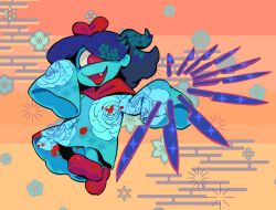  1girl aqua_(deltarune) aqua_dress aqua_skin black_hair blood blood_on_clothes blue_flower colored_skin commentary deltarune dress english_commentary fang floating_knives floral_print flower iivynessa knife one-eyed ponytail red_eyes red_ribbon red_scarf red_shoes ribbon scarf shoes short_ponytail solo utdr_(toby_fox) 