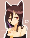  1girl animal_ears artist_name bare_shoulders blush breasts brooch brown_hair cleavage collarbone dress fang fingernails flower imaizumi_kagerou jewelry ke-su long_hair looking_at_viewer nail_polish red_eyes smile solo touhou wolf_ears 