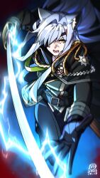  1girl arknights black_jacket black_pants blood blood_from_mouth blue_hair cat_girl chinese_commentary commentary_request duke_of_windermere_(arknights) epaulettes eyepatch fringe_trim glowing glowing_sword glowing_weapon green_sash hair_intakes highres holding holding_sword holding_weapon jacket long_hair looking_at_viewer lower_teeth_only mochusama motion_blur open_hand open_mouth pants sash sword teeth weapon yellow_eyes 