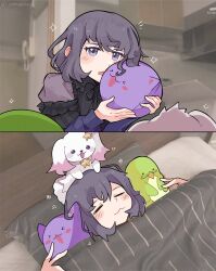  1girl bang_dream! bang_dream!_yumemita bed bed_sheet closed_eyes closed_mouth fuji_miyako highres long_hair long_sleeves looking_at_viewer lying on_back on_bed open_mouth pillow purple_hair samuperior short_hair sleeping smile solo stuffed_toy violet_eyes 