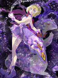  1girl blonde_hair blush breasts closed_mouth commentary_request dress hair_between_eyes headband highres hisuian_typhlosion holding holding_poke_ball irida_(anniversary_2025)_(pokemon) irida_(pokemon) looking_at_viewer neckerchief official_alternate_costume poke_ball pokemon pokemon_masters_ex purple_dress purple_headband purple_neckerchief purple_shorts purple_wrist_cuffs short_hair shorts shorts_under_dress shui_ying_(whterjp) sleeveless sleeveless_dress wrist_cuffs 
