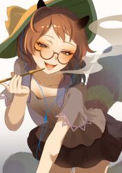  1girl animal_ears black_eyes brown_hair brown_shirt brown_skirt collarbone commentary futatsuiwa_mamizou glasses gradient_background highres holding holding_smoking_pipe leaning_forward looking_at_viewer medium_hair parted_lips raccoon_ears raccoon_girl raccoon_tail round_eyewear rui45420612 shirt short_sleeves skirt smile smoke smoke_trail smoking_pipe solo tail teeth touhou upper_teeth_only 