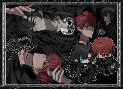  2boys aqua_eyes asymmetrical_bangs black_hair black_robe chibi chibi_inset chu_yeon highres long_hair multiple_boys multiple_views outline picture_frame red_eyes red_hair robe sample_watermark short_hair tan very_short_hair watermark white_outline 