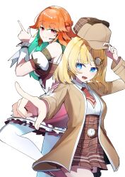  2girls absurdres black_thighhighs blonde_hair blue_eyes brown_hat brown_jacket brown_skirt carternanmen collared_shirt deerstalker gradient_hair green_hair hat highres hololive hololive_english jacket looking_at_viewer multicolored_hair multiple_girls necktie official_alternate_costume open_mouth orange_hair red_necktie shirt skirt smile takanashi_kiara takanashi_kiara_(drawn_to_dawn) thigh-highs virtual_youtuber watson_amelia watson_amelia_(1st_costume) white_shirt white_thighhighs 