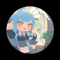  2girls absurdres animal_ears artist_name bang_dream! bang_dream!_it's_mygo!!!!! ben-day_dots black_ribbon blue_hair blue_shirt blue_skirt blush brown_shoes cat_ears cat_girl cat_tail green_hair grey_neckerchief hair_ribbon hat highres kekego multiple_girls neckerchief open_mouth outdoors parted_bangs paw_pose peephole pov_peephole ribbon sailor_collar school_uniform screentones shirt shoes sidelocks skirt smile socks sparkling_eyes tail togawa_sakiko tsukinomori_school_uniform wakaba_mutsumi white_sailor_collar white_socks yellow_eyes 