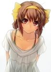  1girl alternate_hairstyle arms_behind_back breasts brown_eyes brown_hair cleavage collarbone dress hairband looking_at_viewer puyo ribbon short_hair short_twintails solo sundress suzumiya_haruhi suzumiya_haruhi_no_yuuutsu twintails 
