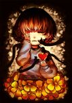  androgynous brown_eyes brown_hair flower frisk_(undertale) hands heart long_sleeves looking_at_viewer one_eye_closed qin-ying shirt short_hair silhouette solo striped striped_shirt sweater tears undertale upper_body watermark web_address wince 