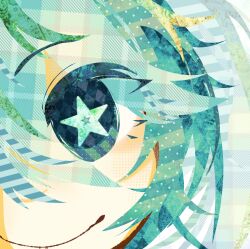  1girl aqua_eyes aqua_hair aqua_theme close-up closed_mouth collage_(medium) commentary eyes_visible_through_hair faux_traditional_media hair_between_eyes hatsune_miku highres looking_at_viewer portrait smile solo star-shaped_pupils star_(symbol) symbol-shaped_pupils twintails untranslatable_commentary vocaloid yrtm_34221 