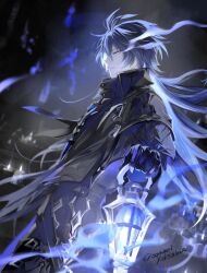  1boy antenna_hair arm_up black_capelet black_coat black_pants blue_hair blurry candle capelet coat commentary crossed_bangs depth_of_field downcast_eyes dutch_angle empty_eyes fire flins_(genshin_impact) floating_hair from_side genshin_impact grey_hair hair_between_eyes holding holding_lantern indoors lantern long_hair male_focus mori_morii pants parted_bangs profile solo twitter_username very_long_hair yellow_eyes 