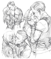  1boy 1girl absurdres age_difference bracelet commentary couple dragon_age:_the_veilguard elf emmrich_volkarin english_commentary french_kiss greyscale hair_slicked_back hand_on_another's_face height_difference hetero highres imminent_kiss jewelry kiss monochrome multiple_views old old_man pointy_ears ring rook_(dragon_age) svanha upper_body vest waistcoat white_background 