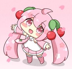  1girl :d blush_stickers cherry_hair_ornament chibi chibi_only commentary_request detached_sleeves double-parted_bangs falling_petals food-themed_hair_ornament full_body hair_between_eyes hair_ornament hatsune_miku long_hair necktie nukotun open_mouth outstretched_arms petals pink_eyes pink_hair pink_necktie sakura_miku smile solo spread_arms standing vocaloid 