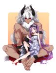 1boy 1girl asterios_(fate/grand_order) bangs bare_shoulders barefoot bent_knees black_ribbon black_sclera collarbone corsage dress euryale eyebrows eyebrows_visible_through_hair fate/grand_order fate/hollow_ataraxia fate_(series) flower frilled_dress frills hair_ribbon hairband highres horns lolita_fashion lolita_hairband long_hair looking_down purple_hair red_eyes ribbon ribbon_trim scar shirtless sitting sitting_on_lap sitting_on_person size_difference strapless strapless_dress twintails very_long_hair violet_eyes white_dress white_hair ycco_(estrella) 