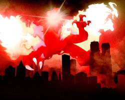  artist_name building charizard city claws commentary dynamax english_commentary fangs fiery_wings fire gigantamax gigantamax_charizard glowing_mouth highres jamiewilsondraws making-of_available no_humans open_mouth pokemon pokemon_(creature) pokemon_focus solo wings 
