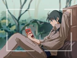  1boy belt black_belt black_hair blurry blurry_background book brown_pants brown_shirt commentary dondon_mx earth_federation gundam gundam_08th_ms_team highres holding holding_book jungle military_uniform nature pants reading scene_reference shiro_amada shirt short_hair sitting smile solo tree viewfinder wooden_box 