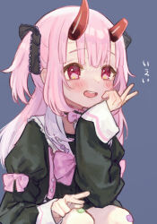  1girl bandaid bandaid_on_leg black_dress bow bowtie broken_horn center-flap_bangs commentary_request dress frilled_sailor_collar frills gradient_hair gradient_horns grey_background hair_ribbon hand_on_own_knee head_rest highres horns indie_virtual_youtuber jirai_kei kanehira_ame lace-trimmed_ribbon lace_ribbon lace_trim long_hair looking_at_viewer multicolored_hair multicolored_horns naname_(7name) official_artist_extra open_mouth pink_bow pink_bowtie pink_hair puffy_short_sleeves puffy_sleeves red_eyes red_horns ribbon sailor_collar short_sleeves simple_background sitting sleeve_bow smile solo squatting teeth upper_teeth_only v variant_set virtual_youtuber white_hair 