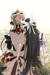  2girls absurdres backless_dress backless_outfit bare_shoulders black_hair brown_hair columbina_(genshin_impact) commentary detached_collar detached_sleeves dress from_behind genshin_impact hair_bun hair_ornament hair_up head_tilt headdress highres illusion_moon long_hair multiple_girls sandrone_(genshin_impact) single_hair_bun sitting white_dress winding_key wing_hair_ornament yuri 