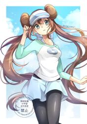  1girl alternate_color black_pantyhose blue_eyes blue_shorts blue_sky breasts brown_hair clouds collarbone commentary_request donut_hair_bun double_bun hair_bun hat long_hair looking_at_viewer medium_breasts pantyhose pantyhose_under_shorts poke_ball_print pokemon pokemon_black_2_and_white_2 raglan_sleeves rosa_(pokemon) shirt shorts sky solo twintails visor_cap yomogi_(black-elf) 