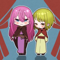  black_shoes blue_eyes blue_gem boots brown_boots brown_cloak chibi cloak curtains dress elluka_clockworker erifura evillious_nendaiki gem green_eyes green_gem green_hair gumi gumillia half-closed_eyes highres hood hood_down hooded_cloak light_frown long_dress long_hair looking_at_viewer madoushi_futari_tabi_(vocaloid) megurine_luka pink_dress pink_hair pink_robe red_gem robe serious shoes short_hair side_slit sidelocks sideways_glance thigh_boots vocaloid witch 