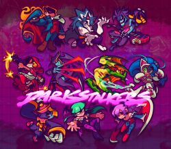  5boys 5girls animal_ears animal_hands animal_print b.b._hood bat_(animal) bat_print bat_wings big_hair blue_hair blue_skin breasts cape cat_ears chinese_clothes claws colored_sclera colored_skin company_connection crossover darkstalkers demitri_maximoff demon_girl dress english_text fangs felicia_(darkstalkers) furry furry_male green_eyes green_hair gun hat head_wings hsien-ko ionicisaac jedah_dohma jiangshi jon_talbain leotard lilith_(darkstalkers) long_hair lord_raptor machine_gun morrigan_aensland multiple_boys multiple_crossover multiple_girls ofuda pants pantyhose print_pantyhose purple_hair qingdai_guanmao red_dress red_eyes red_hood rikuo_(darkstalkers) short_hair smile submachine_gun tail vampire weapon werewolf wings wolf wolf_boy yellow_sclera zombie 