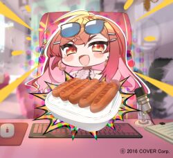  1girl :d benio_(dontsugel) blonde_hair blush commentary_request company_name computer_keyboard computer_mouse copyright_notice earrings eyewear_on_head food gradient_hair hair_ornament hairclip hololive hololive_dev_is ichijou_ririka ichijou_ririka_(1st_costume) jewelry long_hair looking_at_viewer mousepad_(object) multicolored_hair official_art open_mouth pink_hair pink_shirt red_eyes rice sausage shirt smile solo sunglasses tongue v-shaped_eyebrows virtual_youtuber 