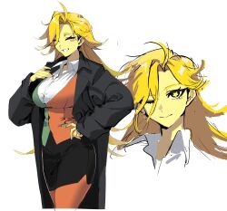  1girl alaeloga106 black_coat black_eyes black_skirt blonde_hair blush breasts closed_eyes coat collared_shirt colored_skin commentary_request cropped_legs deltarune flower-shaped_pupils flowery_(deltarune) genderswap genderswap_(mtf) green_vest hand_on_own_hip highres korean_commentary large_breasts long_hair looking_ahead looking_at_viewer miniskirt multicolored_vest multiple_views one_eye_closed open_clothes open_coat pantyhose pencil_skirt red_pantyhose red_vest shirt simple_background skirt smile swept_bangs symbol-shaped_pupils two-tone_vest utdr_(toby_fox) vest white_background white_shirt yellow_pupils yellow_skin 