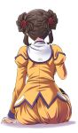  00s 1girl ass brown_hair double_bun from_behind fujisawa_yayoi fujisawa_yayoi_(uchuu_no_stellvia) nape orange_shirt orange_skirt shirt short_hair sidelocks simple_background sitting skirt solo thigh-highs tonpuu uchuu_no_stellvia white_background wide_hips 