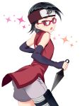  1girl artist_request black_hair boruto:_the_movie detached_sleeves forehead_protector glasses kunai looking_back naruto open_mouth shorts solo thigh_holster uchiha_sarada weapon 