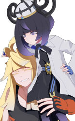  1boy 1girl absurdres belt belt_buckle black_dress black_gloves black_hair black_shirt blonde_hair blue_gloves blunt_bangs bob_cut brother_and_sister buckle chazuke closed_eyes closed_mouth coat dress eyelashes fingerless_gloves gloves gradient_hair gwynn_(pokemon) hat highres ivor_(pokemon) long_hair mole mole_under_mouth multicolored_hair o-ring o-ring_belt open_clothes open_coat pantyhose pokemon pokemon_legends:_z-a purple_hair purple_pantyhose shirt short_hair siblings sitting_on_shoulder smile violet_eyes white_background white_coat 