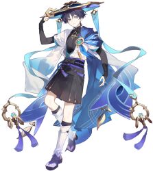  1boy anemo_symbol_(genshin_impact) arm_at_side armor belt black_belt black_bodysuit black_bow black_sandals black_shorts blue_cape blue_gem blue_hat blue_jingasa blue_kimono blue_sleeves blunt_ends bodysuit bow bridal_gauntlets bright_pupils cape choppy_bangs closed_mouth commentary_request curled_fingers expressionless eyeliner feathers full_body furisode gem genshin_impact gold gold_ring grey_bridal_gauntlets hakama hakama_shorts hand_up hat highres japanese_armor japanese_clothes jingasa juban kimono korean_commentary kote kurokote layered_sleeves leg_warmers looking_at_viewer makeup male_focus mandarin_collar middle_ring open_clothes open_hand open_kimono pleated_shorts pom_pom_(clothes) purple_rope purple_sash quaere42 red_eyeliner rope sandals sash scaramouche_(genshin_impact) short_sleeves shorts shoulder_peek side_cape solo stirrup_legwear tassel toeless_legwear toes tsurime violet_eyes wanderer_(genshin_impact) white_background white_kimono white_leg_warmers white_pupils white_sleeves white_trim yellow_feathers zouri 