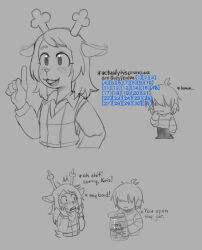  1girl 1other absurdres ackchyually_(meme) collared_shirt cropped_torso deer_girl deltarune ear_wiggle english_text full_body highres his_pronouns_are_they/them_(meme) jar kris_(deltarune) meme noelle_holiday pants pettankon pointing pointing_up shirt sketch speech_bubble striped_clothes striped_shirt swear_jar utdr_(toby_fox) 