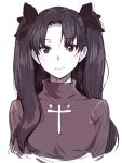  1girl black_hair fate/stay_night fate_(series) hair_ribbon long_hair monochrome puyo ribbon smile solo sweater tohsaka_rin twintails two_side_up upper_body 