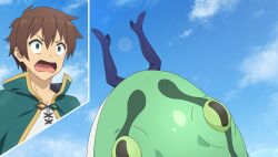 1boy 1girl animal aqua_(konosuba) blue_boots blue_sky boots brown_hair cannibalism cape clouds day game_asset giant_snake green_cape green_snake high_heels highres kono_subarashii_sekai_ni_shukufuku_wo! kono_subarashii_sekai_ni_shukufuku_wo!_kono_yokubukai_game_ni_shinpan_o! lens_flare looking_ahead non-web_source official_art open_mouth outdoors oversized_animal satou_kazuma self-datamine shirt short_hair sky snake surprised thigh_boots upper_body upside-down v-shaped_eyebrows white_shirt wide-eyed 