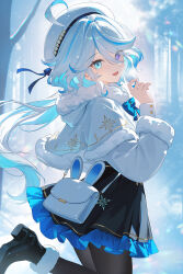  1girl absurdres ahoge alternate_costume bag black_boots black_pantyhose black_skirt blue_eyes blue_hair boots capelet commentary_request drop-shaped_pupils floating_hair furina_(genshin_impact) genshin_impact hair_between_eyes hand_up hat heterochromia highres long_hair long_hair_between_eyes long_sleeves looking_at_viewer mismatched_pupils open_mouth outdoors pantyhose shoulder_bag skirt smile symbol-shaped_pupils varlyn very_long_hair white_bag white_capelet white_hat winter_clothes 