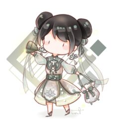  1girl anklet bag bag_bow black_eyes black_hair black_shoes blush_stickers bow capelet chibi chinese_clothes chinese_commentary commentary_request corset diamond_(shape) double_bun dress earrings floral_print flower flower_earrings food green_bow green_capelet green_corset green_ribbon green_skirt green_sleeves hair_bow hair_bun hair_ribbon handbag holding holding_bag holding_food interruption_(echo-023) jewelry light_particles long_sleeves lotus lotus_and_rain_(shining_nikki) medium_skirt nikki_(series) no_mouth pom_pom_(clothes) print_dress puffy_long_sleeves puffy_sleeves ribbon see-through_clothes see-through_sleeves shadow shining_nikki shoes short_hair signature skirt skirt_under_dress solid_oval_eyes solo standing white_background white_bag white_dress zongzi 
