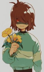  1other :| brown_hair closed_mouth commentary_request corogarucoromo cowboy_shot deltarune flower green_sweater grey_background hair_over_one_eye highres holding holding_flower kris_(deltarune) leaf looking_at_viewer one_eye_covered other_focus red_eyes short_hair simple_background solo standing sweater utdr_(toby_fox) yellow_flower 