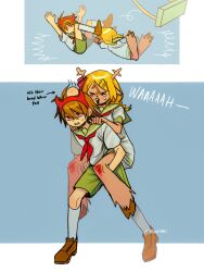  >_< 1girl 1other absurdres antlers blonde_hair brown_hair brown_shoes carrying crying deer_antlers deer_girl deltarune fake_horns falling furry furry_female green_sailor_collar green_shorts hairband head_bump highres hooves horn_hairband horns kris_(deltarune) muusumi neckerchief noelle_holiday piggyback red_eyes red_horns red_neckerchief sailor_collar scraped_knee shirt shoes shorts swing utdr_(toby_fox) white_shirt 