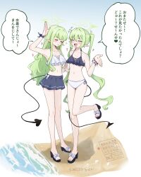  2girls bare_arms bare_legs bare_shoulders beach bikini bikini_skirt black_bikini blue_archive closed_eyes demon_tail full_body green_hair green_halo halo high_heel_sandals high_heels highres hikari_(blue_archive) long_hair miniskirt multiple_girls navel nozomi_(blue_archive) open_mouth platform_sandals pointy_ears sandals siblings sisters skirt stomach suecovsky swimsuit tail twins twintails water white_bikini wristband 