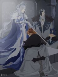  1girl 3boys anastasya_feodorovna_snezhnaya artist_name ascot beard black_mask blue_cape blue_eyes blue_gem blue_hat cape circlet closed_mouth coat detached_collar dress earrings elbow_gloves english_commentary facial_hair fatui_coat from_behind full_body fur-trimmed_cape fur-trimmed_coat fur_trim gem genshin_impact gloves grey_eyes grey_hair hair_between_eyes hair_bun half_mask hat highres holding holding_sword holding_weapon indoors jewelry kokoshnik lips long_dress long_hair long_sleeves looking_at_another looking_down male_focus mask mask_on_head multiple_boys mustache old old_man one_eye_covered orange_hair parody pierro_(genshin_impact) pointy_ears pointy_nose pulcinella_(genshin_impact) red_mask shirt short_hair sidelocks sitting standing sword tartaglia_(genshin_impact) theserpent_artt very_long_hair wavy_hair weapon white_ascot white_coat white_dress white_gloves white_shirt 