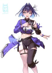 1girl :d absurdres asymmetrical_clothes asymmetrical_sleeves black_pants black_sleeves blue_eyes blue_hair blue_shirt bow bow_earrings breasts center_frills collared_shirt colored_inner_hair commentary cowboy_shot cropped_shirt detached_sleeves earrings english_commentary frills hair_flaps hair_intakes hair_ribbon hand_on_own_chest highres hololive hololive_english hololive_idol_uniform_(color_rise) idol_clothes jewelry large_breasts looking_at_viewer midriff mismatched_sleeves multicolored_hair multicolored_shirt navel official_alternate_costume open_mouth ouro_kronii padoruu pants puffy_detached_sleeves puffy_short_sleeves puffy_sleeves ribbon shirt short_hair short_sleeves simple_background single_detached_sleeve single_pantsleg single_sleeve smile solo thigh_strap virtual_youtuber white_background white_shirt 
