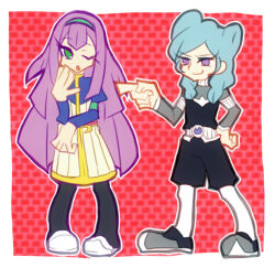  147 2girls aqua_hair belt beta_(inazuma_eleven) black_pants black_pantyhose black_vest blue_shirt bodysuit border closed_mouth commentary double_bun eyelashes full_body green_eyes green_hairband grey_bodysuit grey_shoes grin hair_bun hairband inazuma_eleven_(series) inazuma_eleven_go inazuma_eleven_go_chrono_stone juliet_sleeves long_hair long_sleeves looking_at_another meia_(inazuma_eleven) multiple_girls one_eye_closed open_mouth outline outside_border pants panty_&amp;_stocking_with_garterbelt_(style) pantyhose pointing pointing_at_another puffy_sleeves purple_hair red_background shirt shoes skirt smile very_long_hair vest violet_eyes white_belt white_border white_outline white_shoes white_skirt yellow_trim 