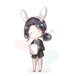  1boy animal_ear_hairband animal_ears aqua_necktie black_eyes black_hair black_jacket black_shoes blazer blue_shirt blush_stickers business_suit chibi chinese_commentary collared_jacket collared_shirt commentary_request dress_shoes expressionless fake_animal_ears flower hairband heart heart_background interruption_(echo-023) jacket lapels layered_sleeves long_hair long_sleeves looking_at_viewer low_ponytail male_focus necktie nikki_(series) no_mouth orange_flower pants peaked_lapels ponytail rabbit_ear_hairband rabbit_ears shining_nikki shirt shoes short_ponytail signature solid_oval_eyes solo standing suit suit_pants vulture_(shining_nikki) white_background white_pants 